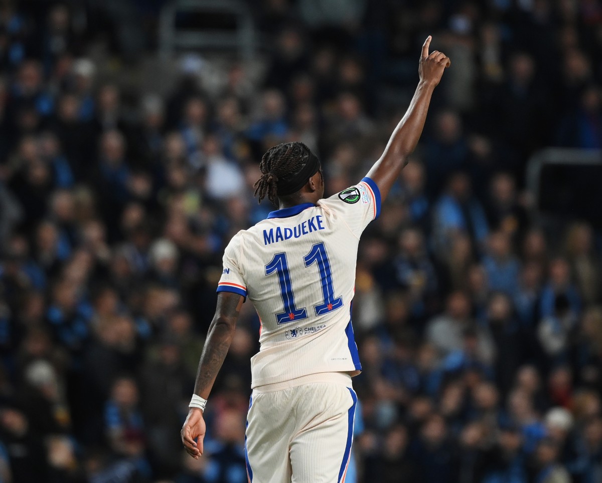 Noni Madueke celebrates a goal for Chelsea