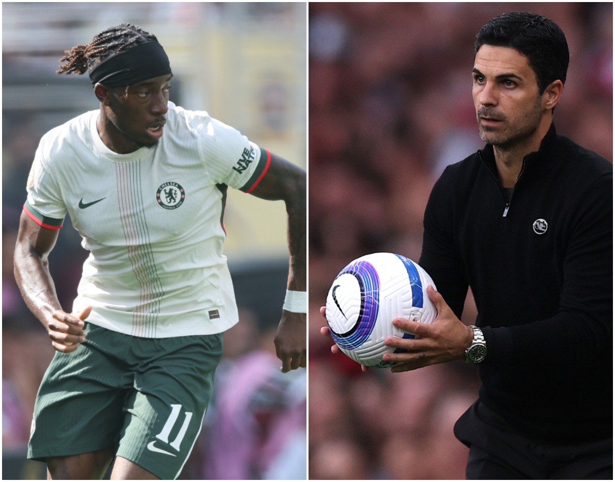 Noni Madueke in action for Chelsea (left), and Arsenal manager Mikel Arteta (right)