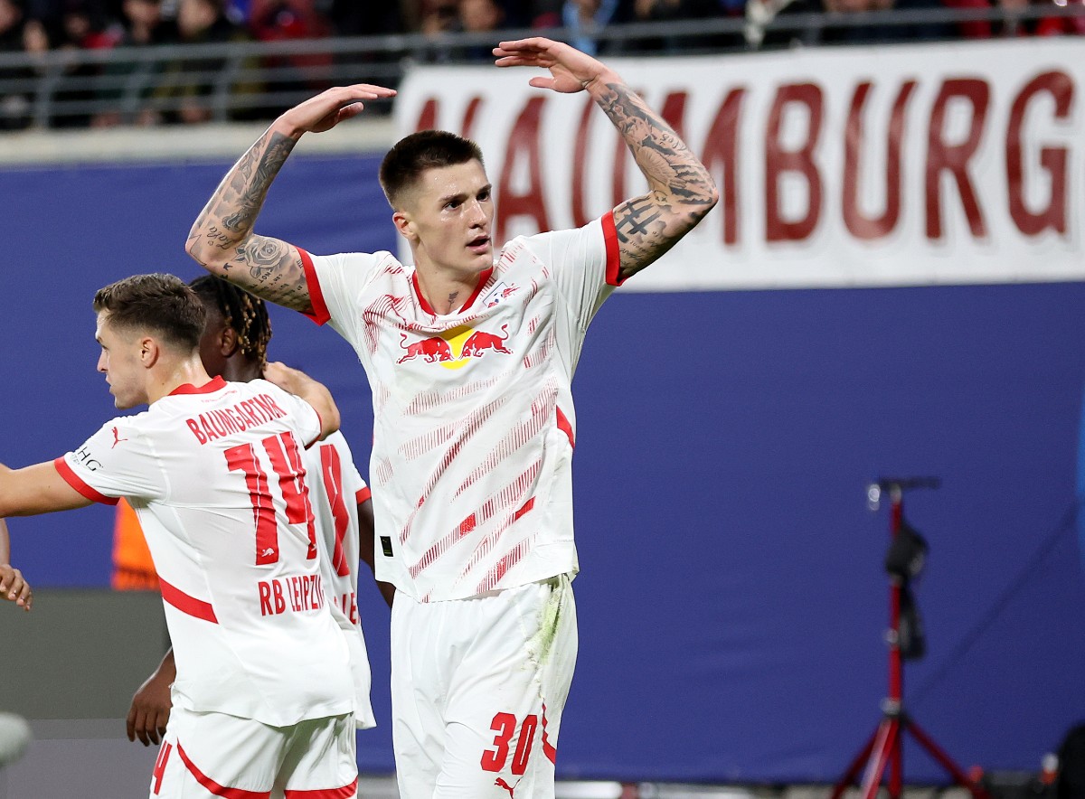 Benjamin Sesko celebrates a goal for RB Leipzig against Juventus