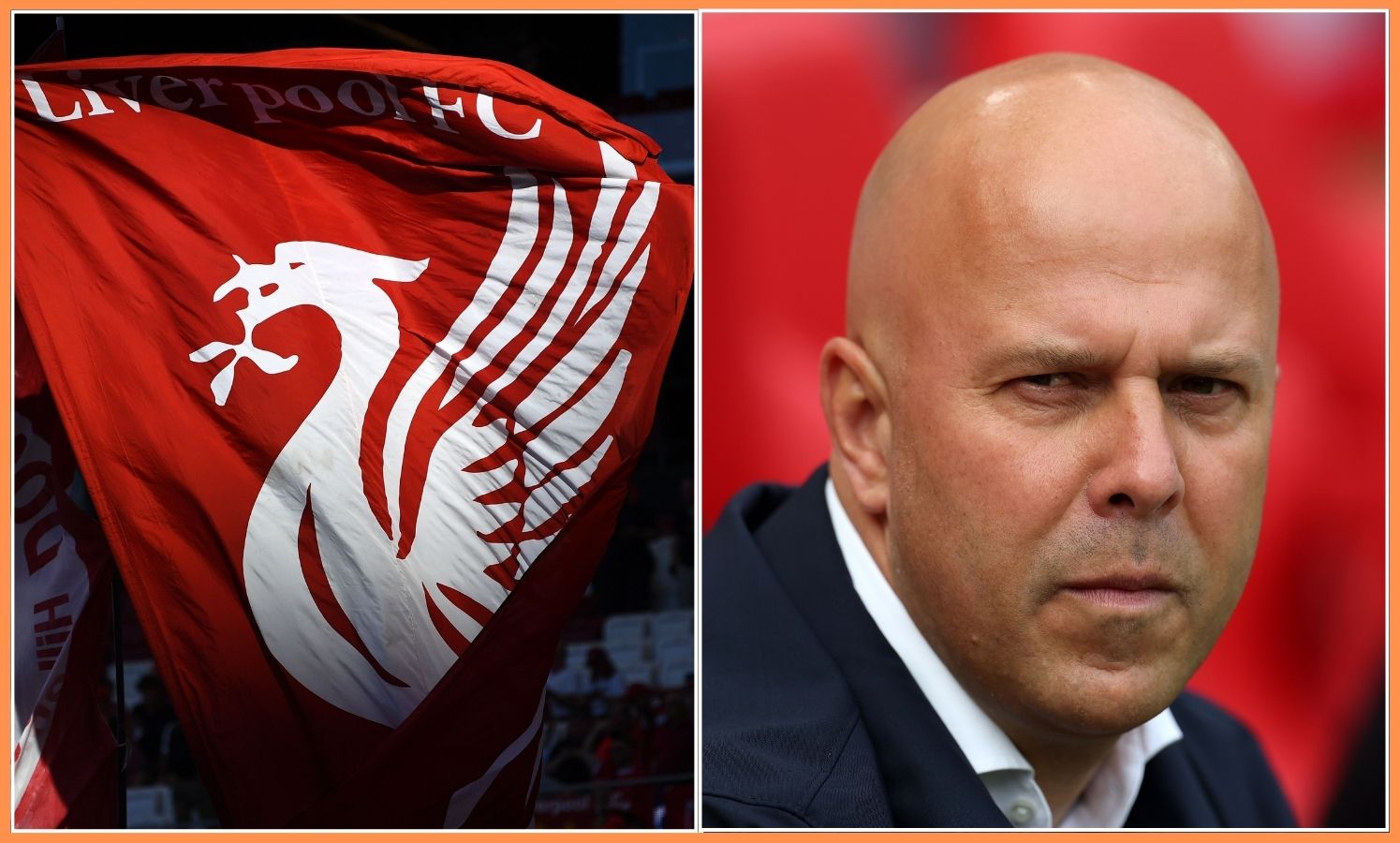 Arne Slot and the Liverpool FC logo on a flag