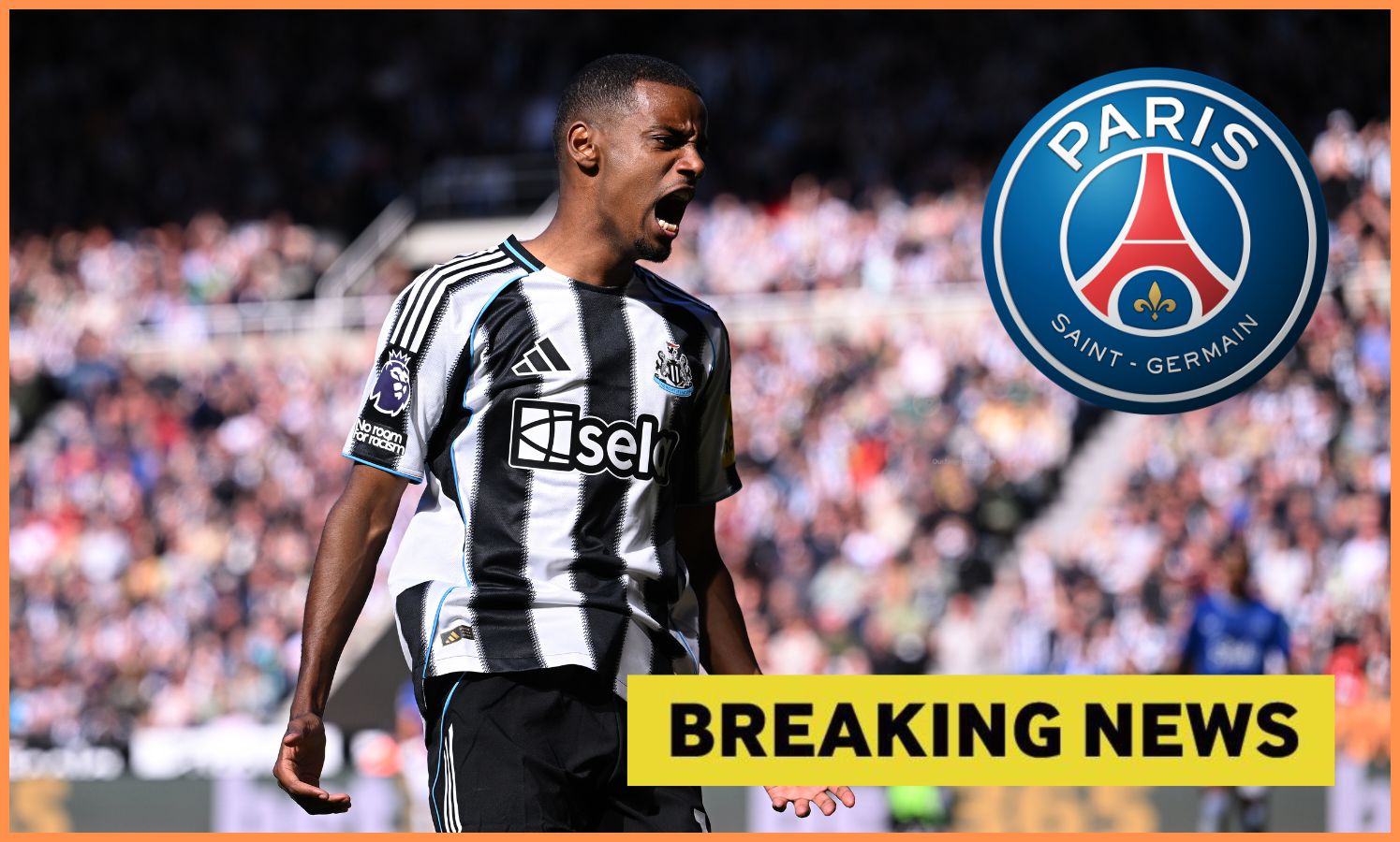 Alexander Isak, PSG logo, and 'breaking news' banner