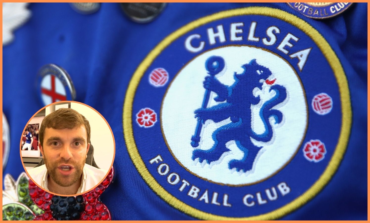 Fabrizio Romano and a close-up of the Chelsea FC logo