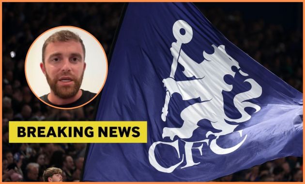 Fabrizio Romano, Chelsea FC flag, and yellow 'breaking news' banner