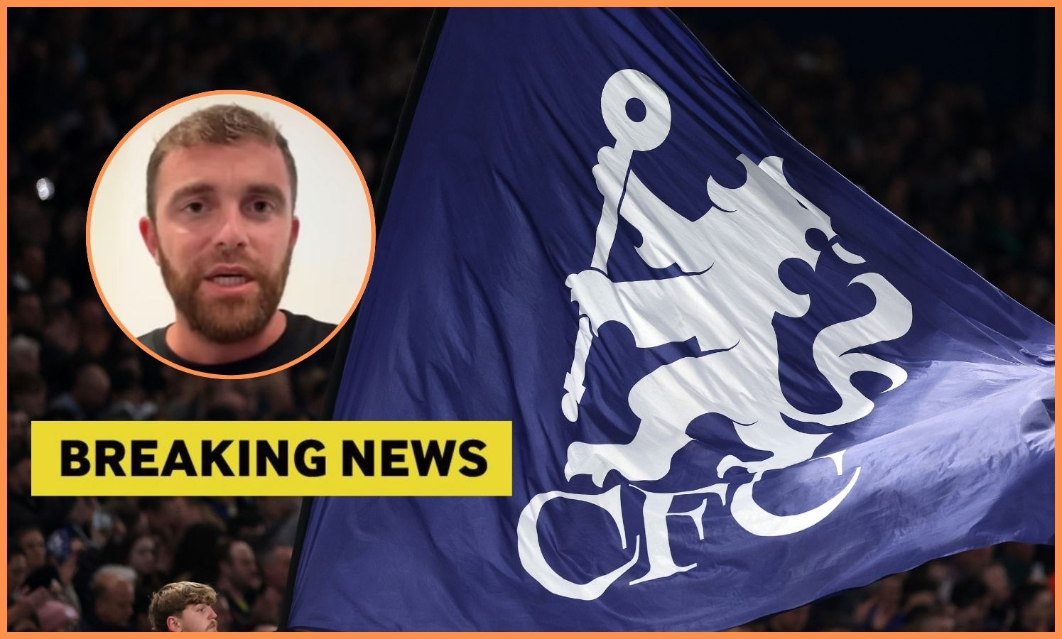 Fabrizio Romano, Chelsea FC flag, and yellow 'breaking news' banner