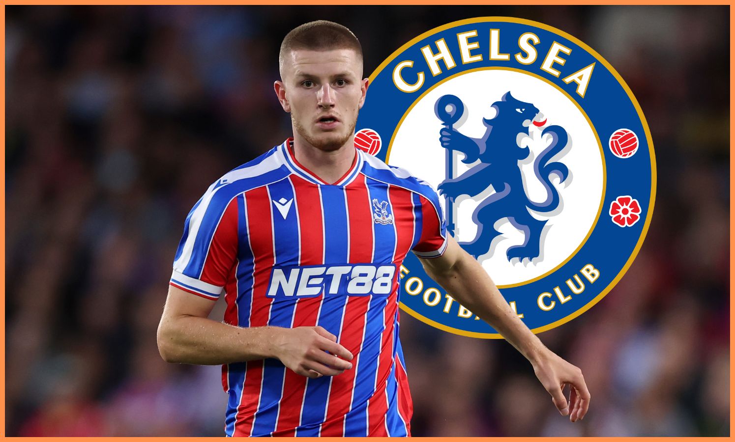 Adam Wharton in action for Palace, plus Chelsea logo