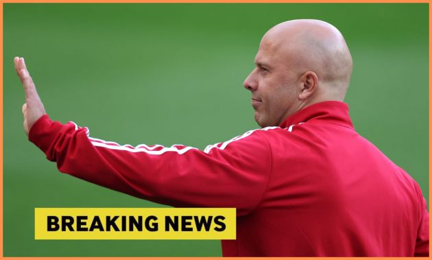 Arne Slot waving, and yellow 'breaking news' banner