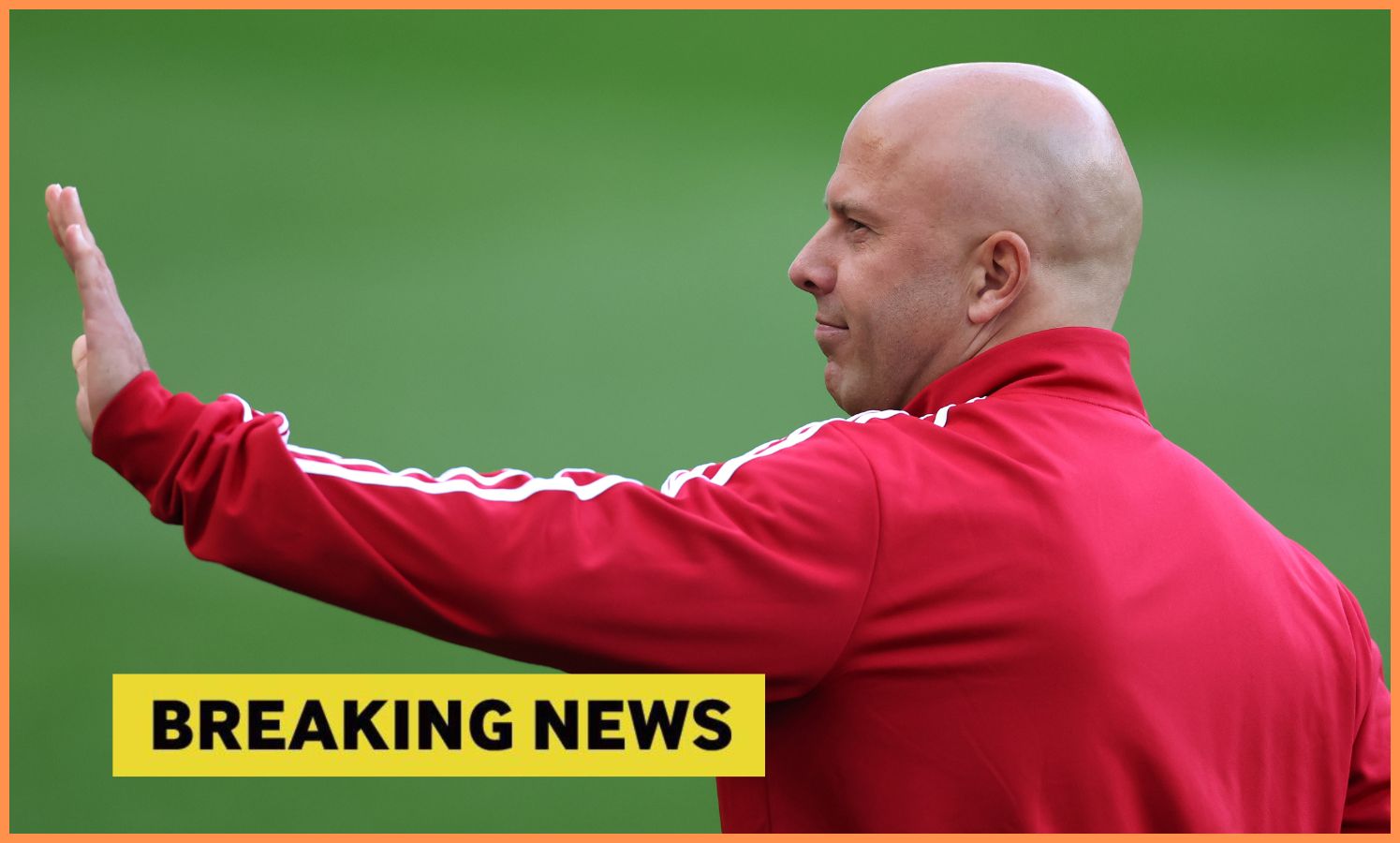 Arne Slot waving, and yellow 'breaking news' banner