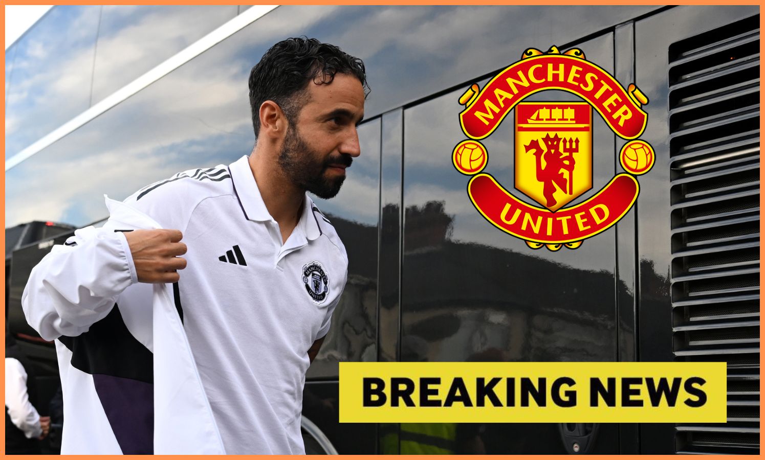 Ruben Amorim of Manchester United, plus yellow 'breaking news' banner