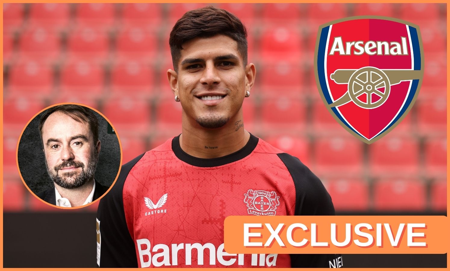 Piero Hincapie, the Arsenal FC logo, and Christian Falk