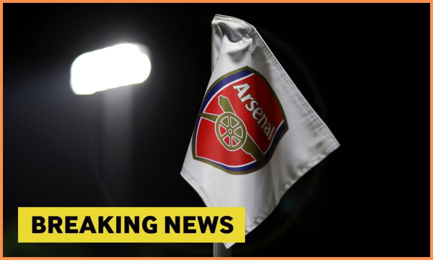 Arsenal logo on corner flag, plus 'breaking news' banner