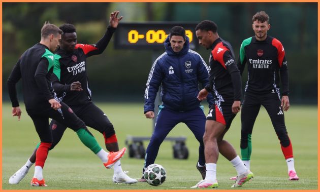 Leandro Trossard in Arsenal training with Bukayo Saka, Mikel Arteta, Jurrien Timber, and Ben White