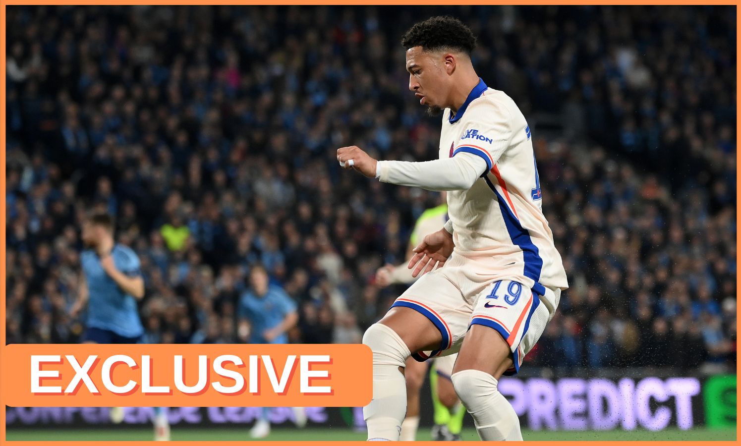 Jadon Sancho in action for Chelsea, plus 'exclusive' banner