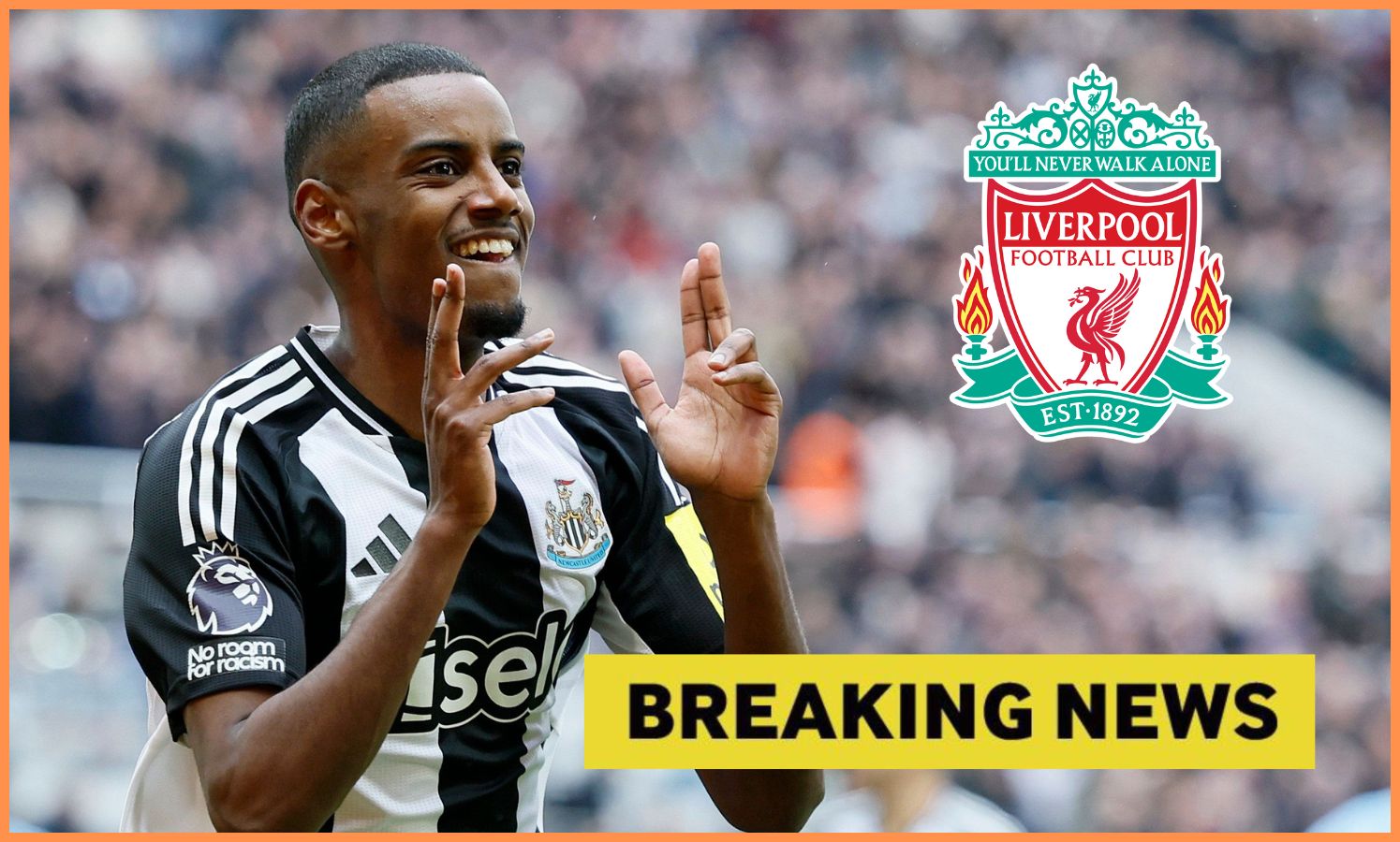 Alexander Isak celebrates a goal for Newcastle, plus yellow 'breaking news' banner