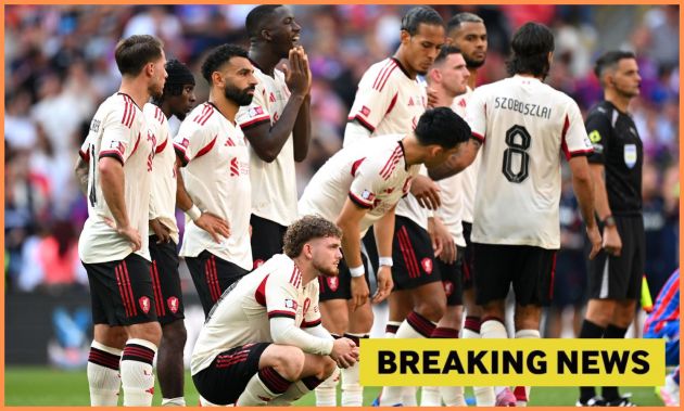 Harvey Elliott and his Liverpool teammates react to the penalty shoot-out defeat vs Crystal Palace