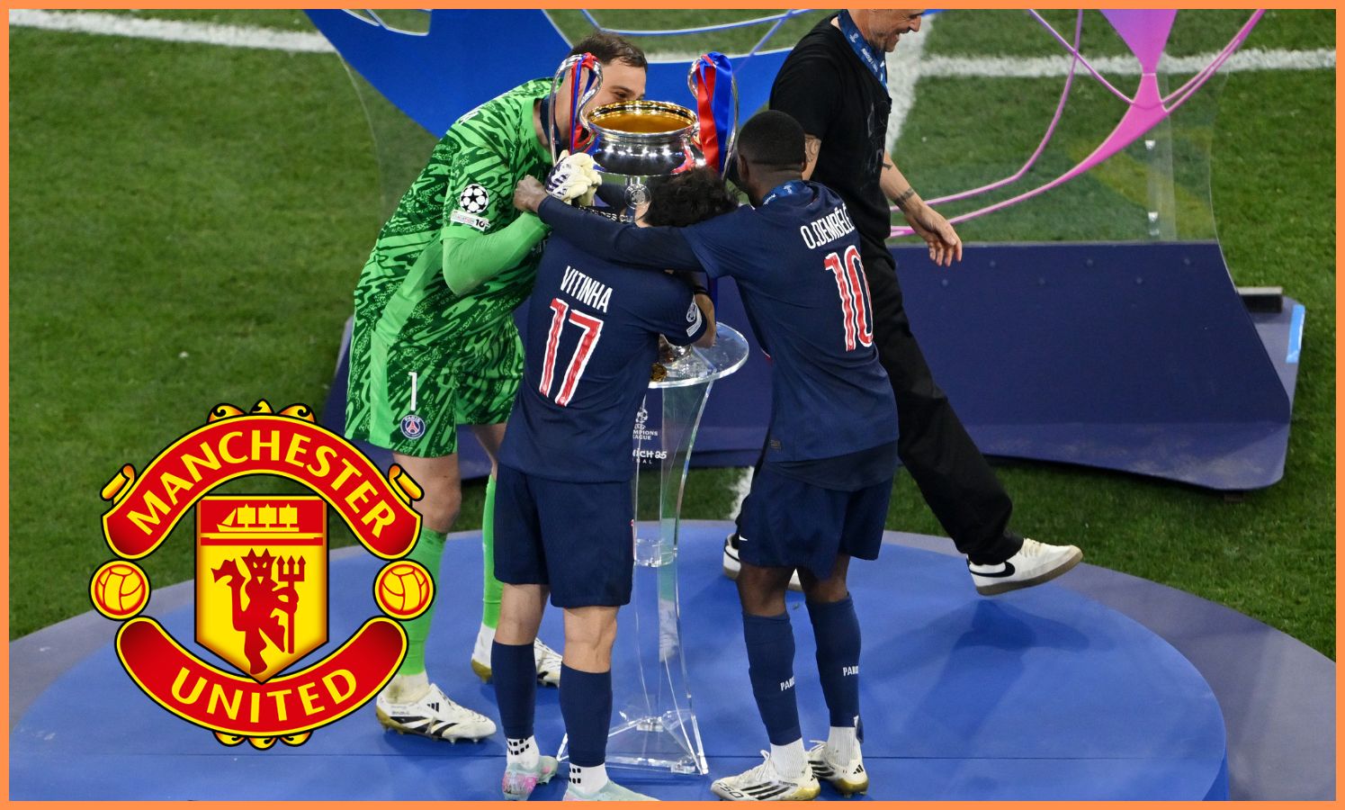 Gianluigi Donnarumma and his PSG teammates celebrate with the Champions League trophy