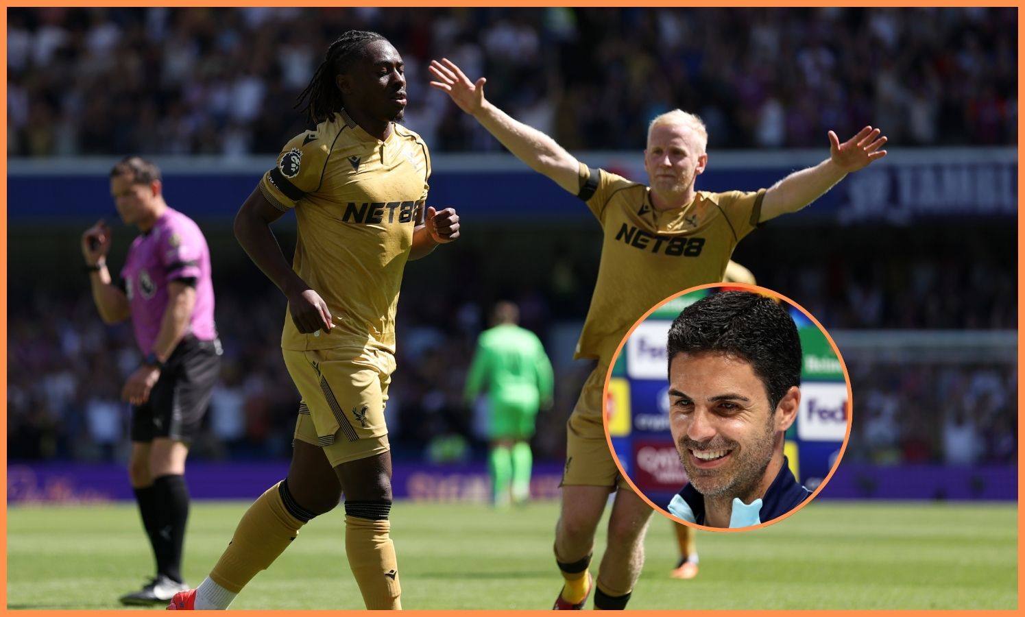 Eberechi Eze celebrates, and Arsenal manager Mikel Arteta