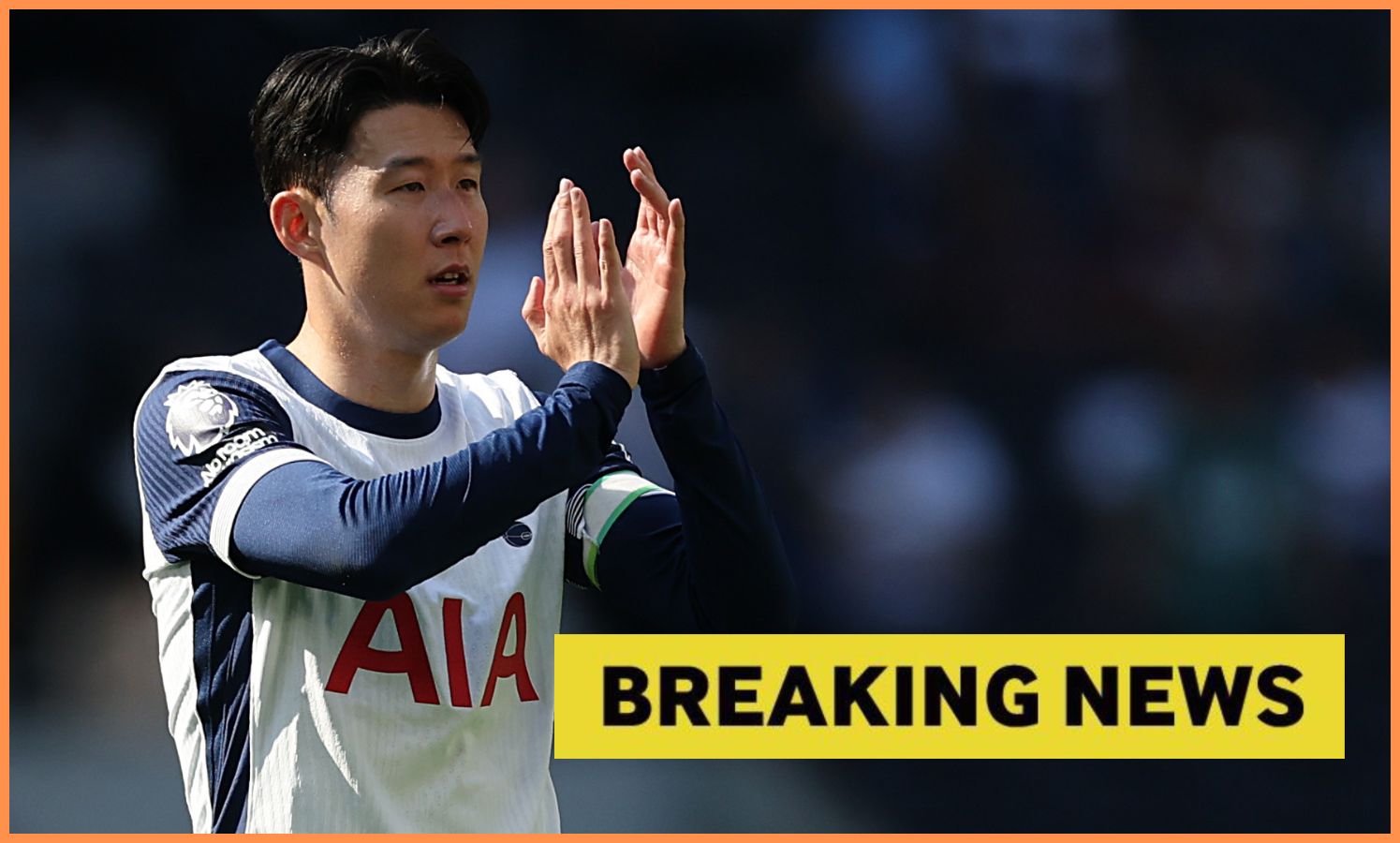 Son Heung-min applauds the Tottenham fans, plus yellow 'breaking news' banner