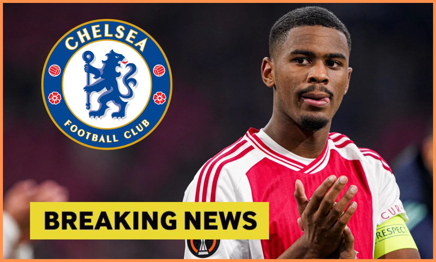 Jorrel Hato, Chelsea logo, and yellow 'breaking news' banner