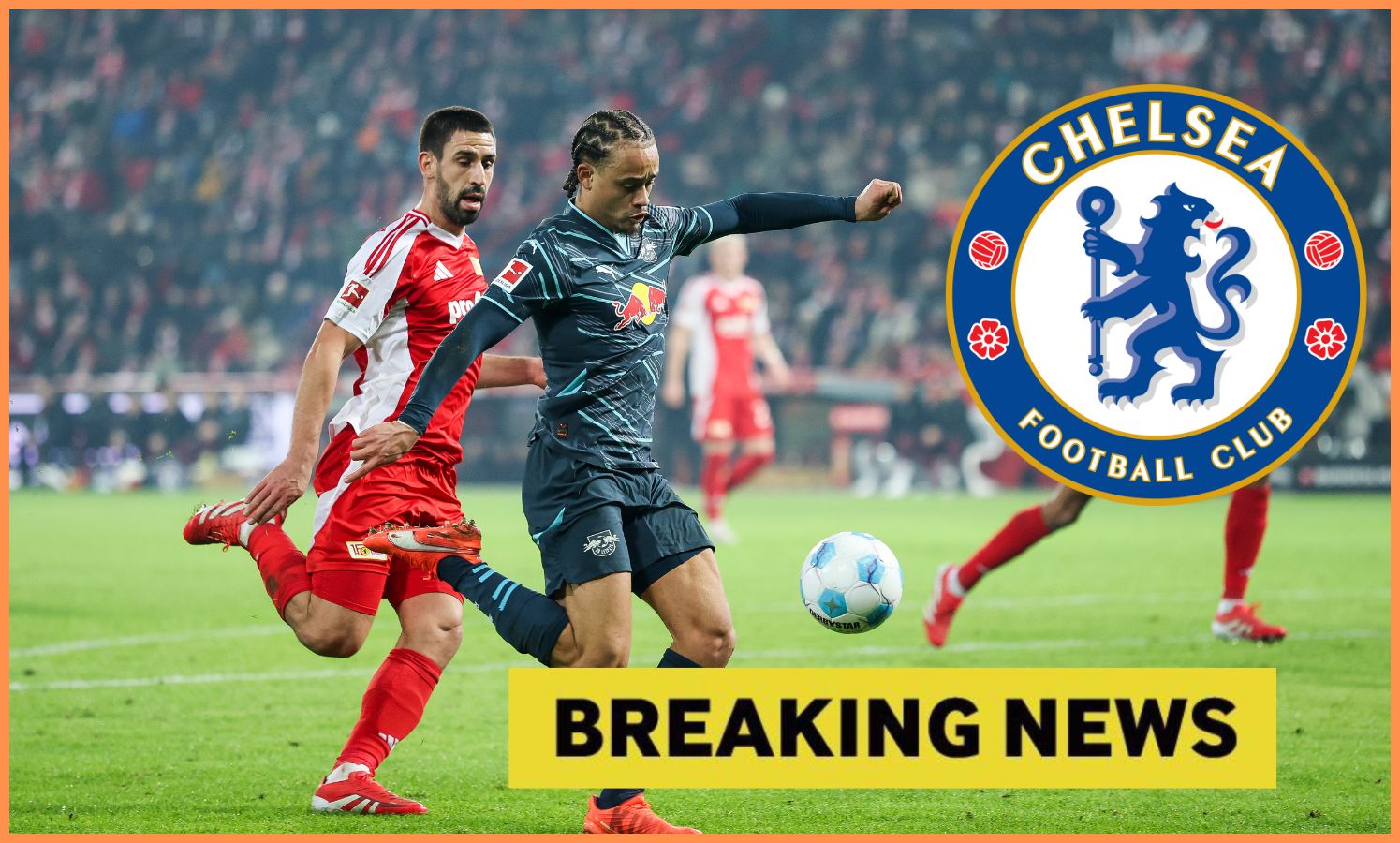 Xavi Simons in action, Chelsea logo and yellow 'breaking news' banner