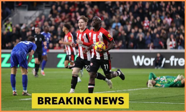 Yoane Wissa celebrates scoring for Brentford, plus yellow 'breaking news' banner