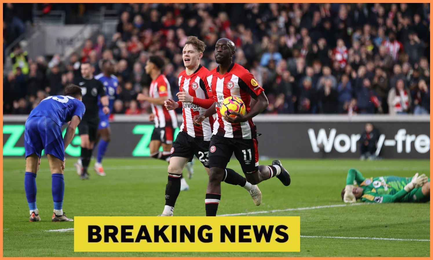 Yoane Wissa celebrates scoring for Brentford, plus yellow 'breaking news' banner