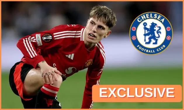 Alejandro Garnacho of Man Utd, Chelsea FC logo, and 'exclusive' banner
