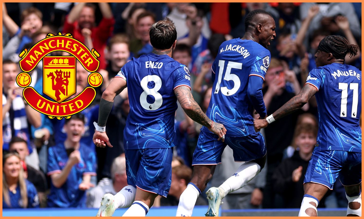 Nicolas Jackson celebrates with Enzo Fernandez and Noni Madueke last season