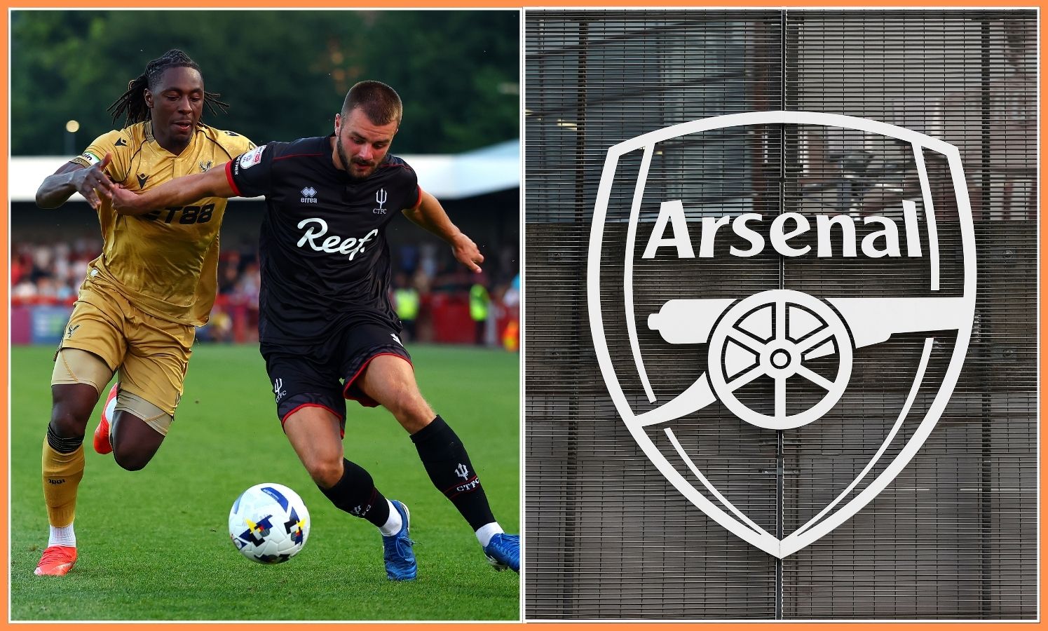 Eberechi Eze and the Arsenal FC logo
