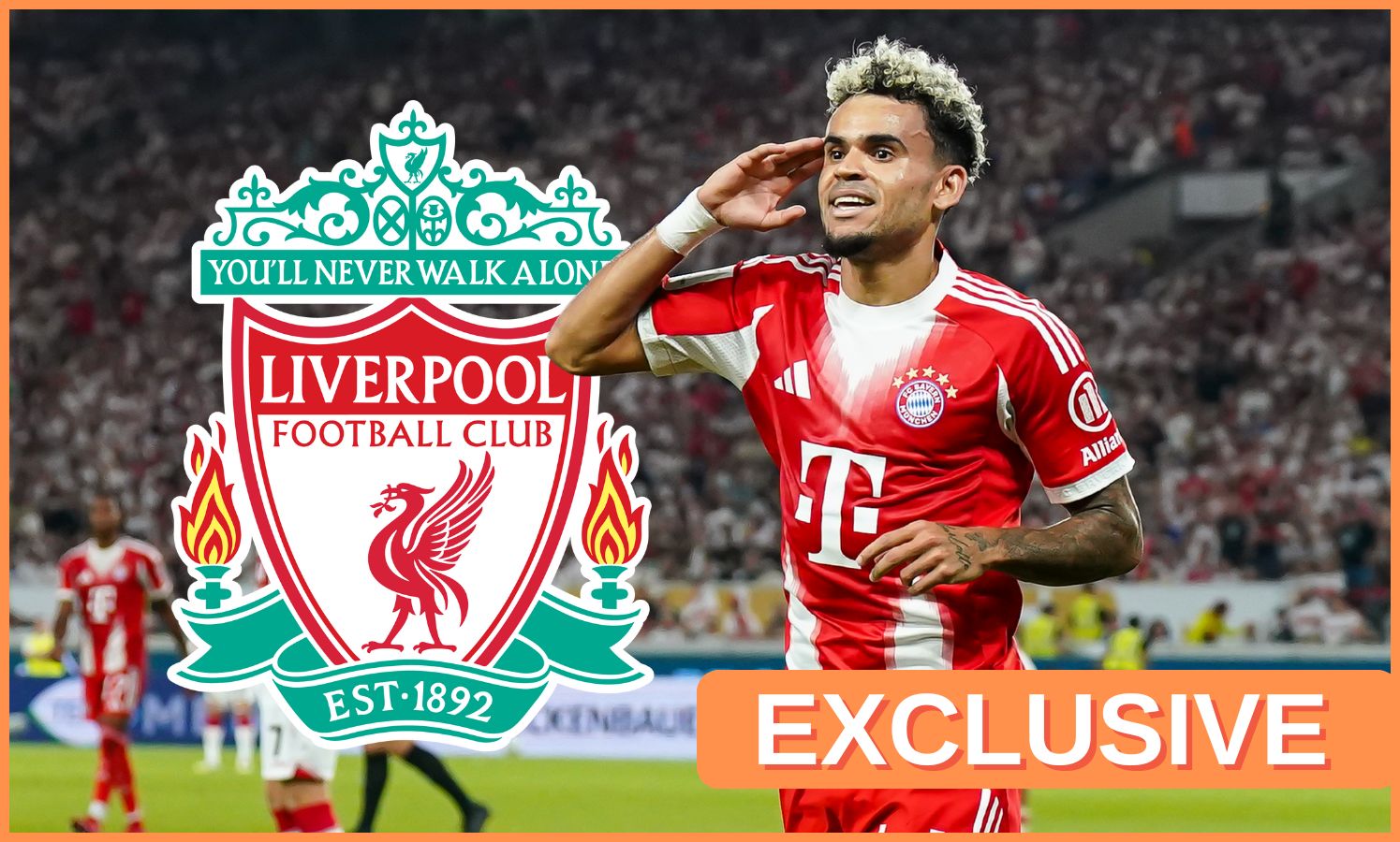 Luis Diaz shares a salute gesture next to Liverpool club crest.