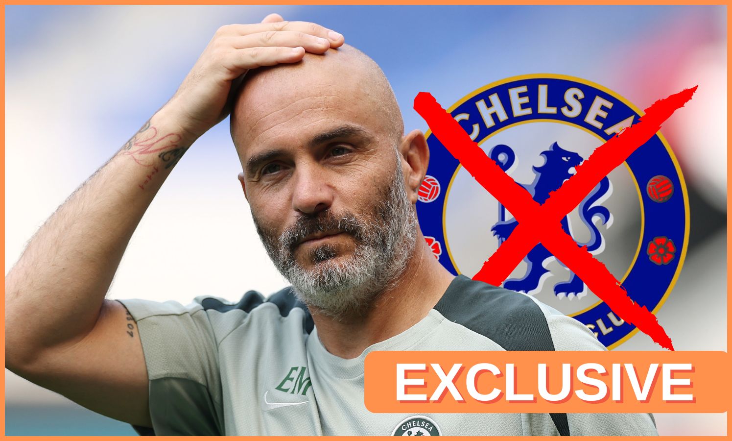 Enzo Maresca slaps his palm on his head in front of Chelsea club crest.
