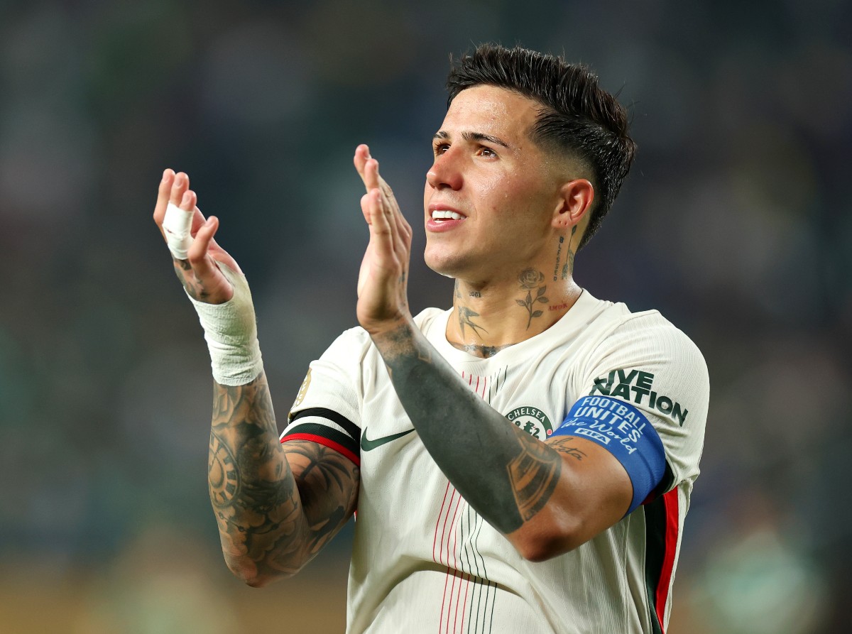 Enzo Fernandez applauds the Chelsea fans