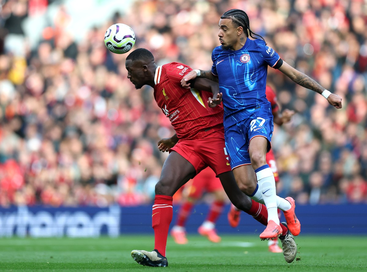 Ibrahima Konate in action against Chelsea's Malo Gusto last season