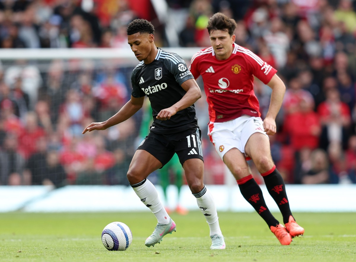 Ollie Watkins of Aston Villa in action against Man United's Harry Maguire