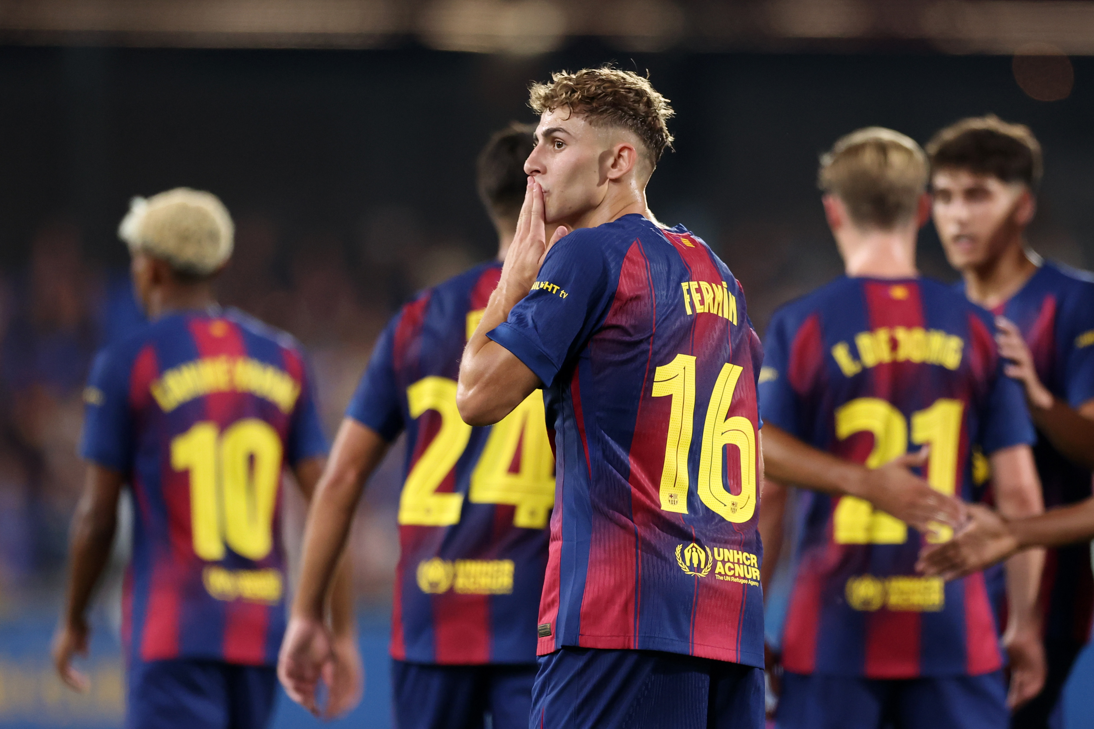 Fermin Lopez of FC Barcelona celebrates scoring his team's second goal