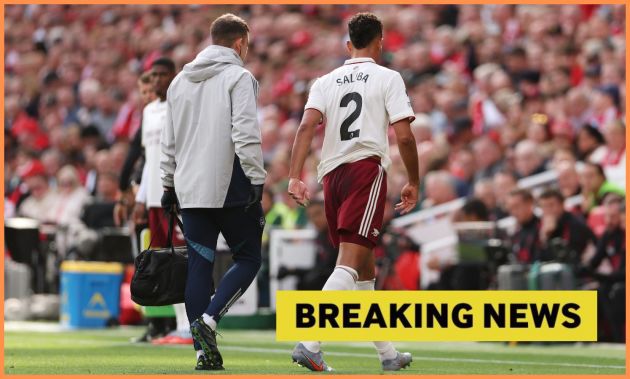William Saliba walking off after picking up an injury for Arsenal