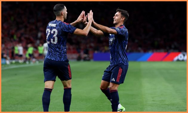 Mikel Merino celebrates with Martin Zubimendi in Arsenal's pre-season friendly vs Newcastle