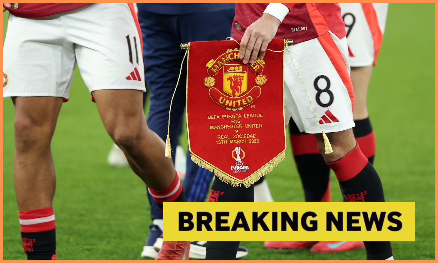 Manchester United logo and breaking news banner