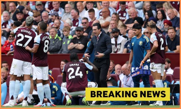Aston Villa players with Unai Emery, plus yellow 'breaking news' banner