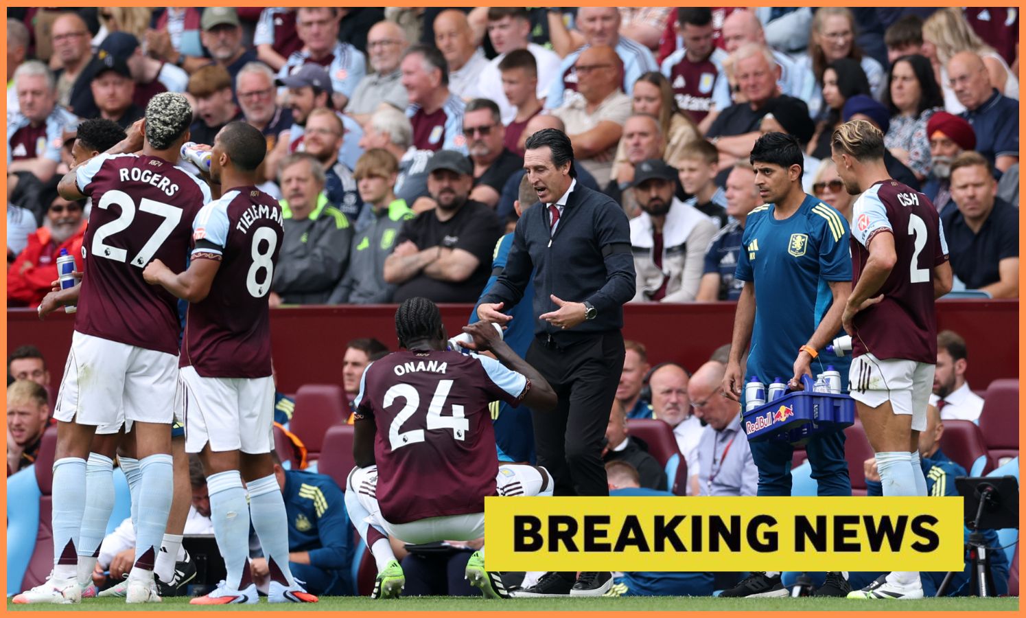 Aston Villa players with Unai Emery, plus yellow 'breaking news' banner