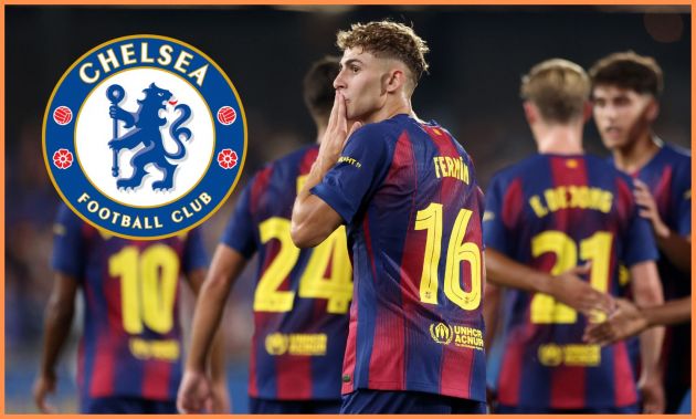 Fermin Lopez celebrates a goal for Barcelona, and the Chelsea FC logo