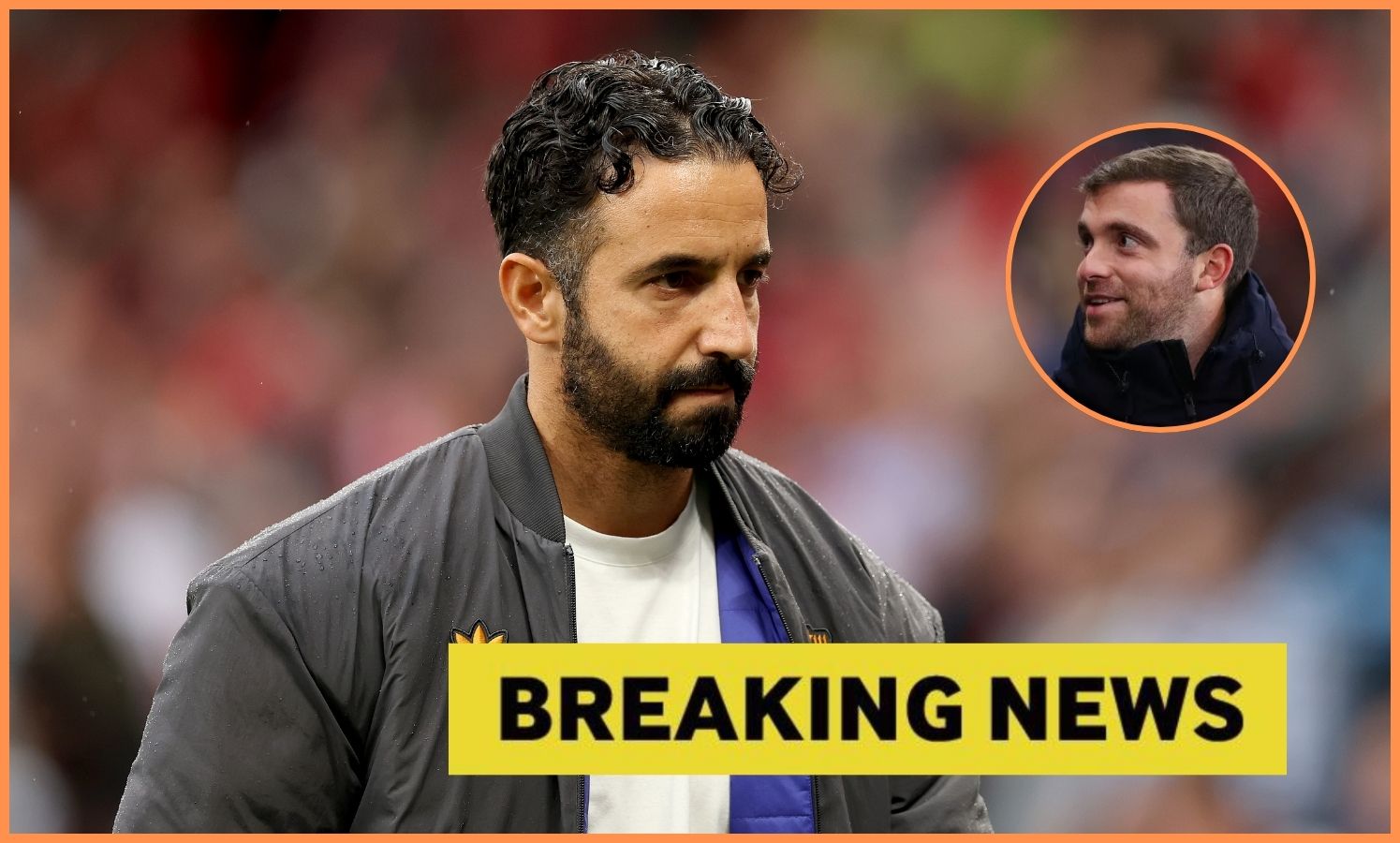 Ruben Amorim, yellow 'breaking news' banner, and Fabrizio Romano