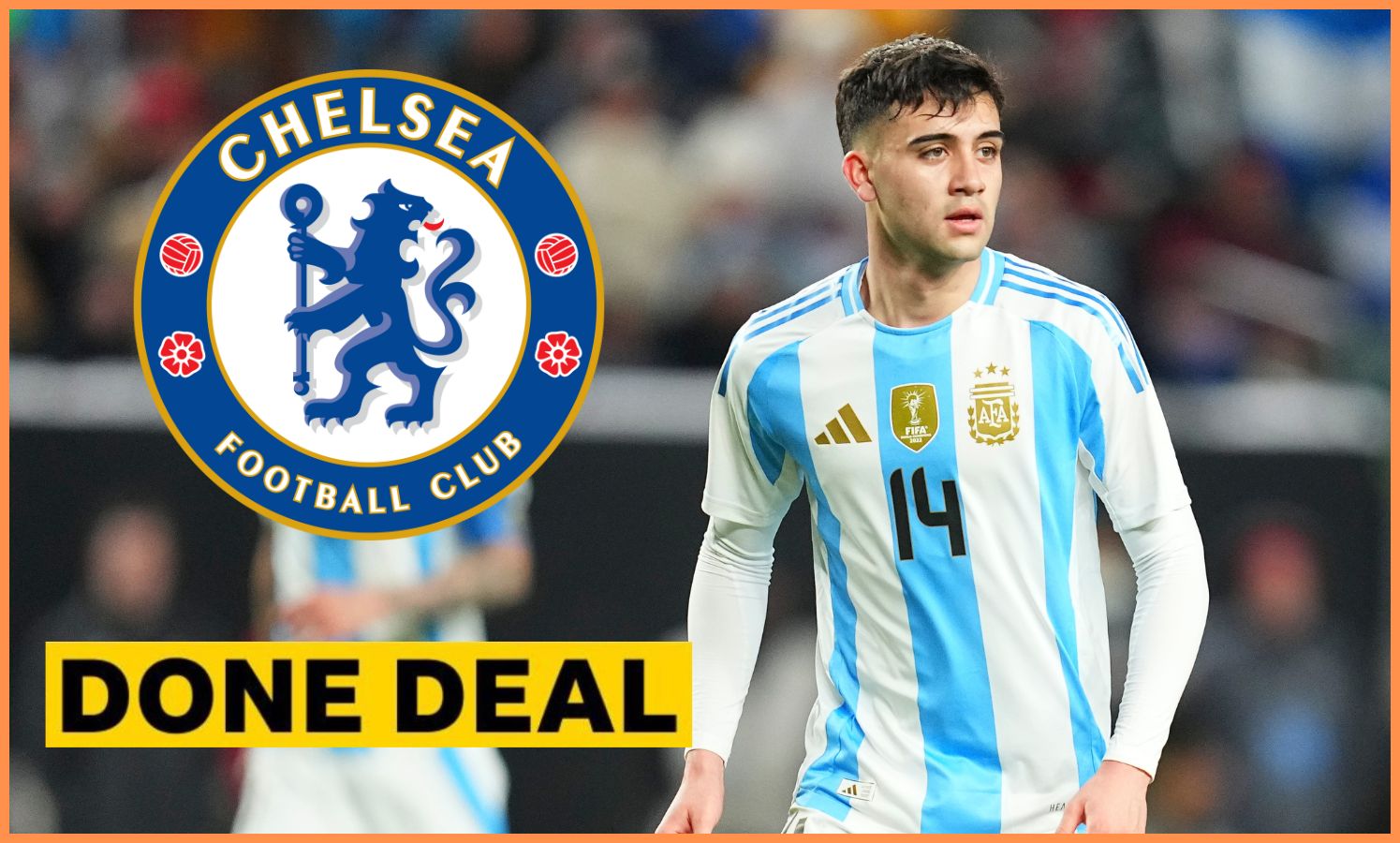 Facundo Buonanotte in action for Argentina, plus Chelsea logo and 'done deal' banner
