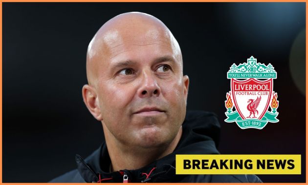 Arne Slot, Liverpool FC logo, and 'breaking news' banner