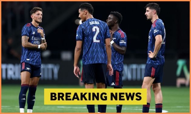 William Saliba and his Arsenal teammates plus yellow breaking news banner