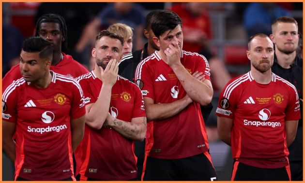 Harry Maguire and Luke Shaw react to Man United's Europa League final defeat to Tottenham
