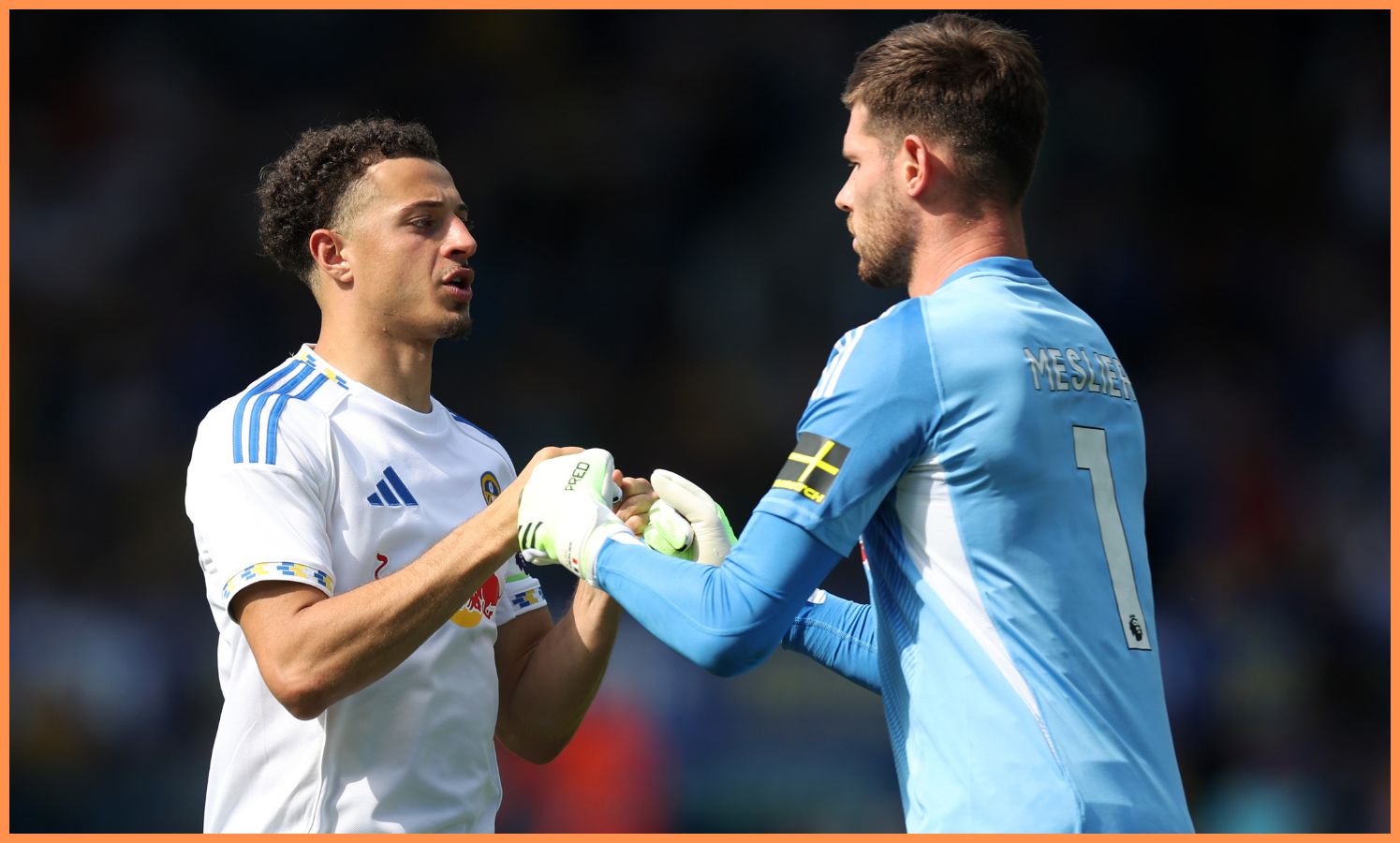 Ethan Ampadu interacts with teammate Illan Meslier during the pre-season friendly between Leeds and Villarreal