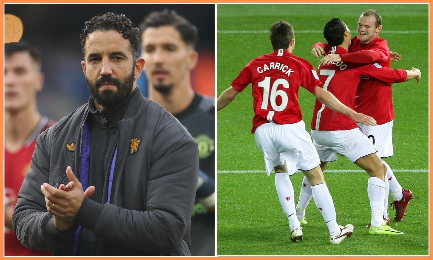 Ruben Amorim and Michael Carrick, Cristiano Ronaldo, and Wayne Rooney