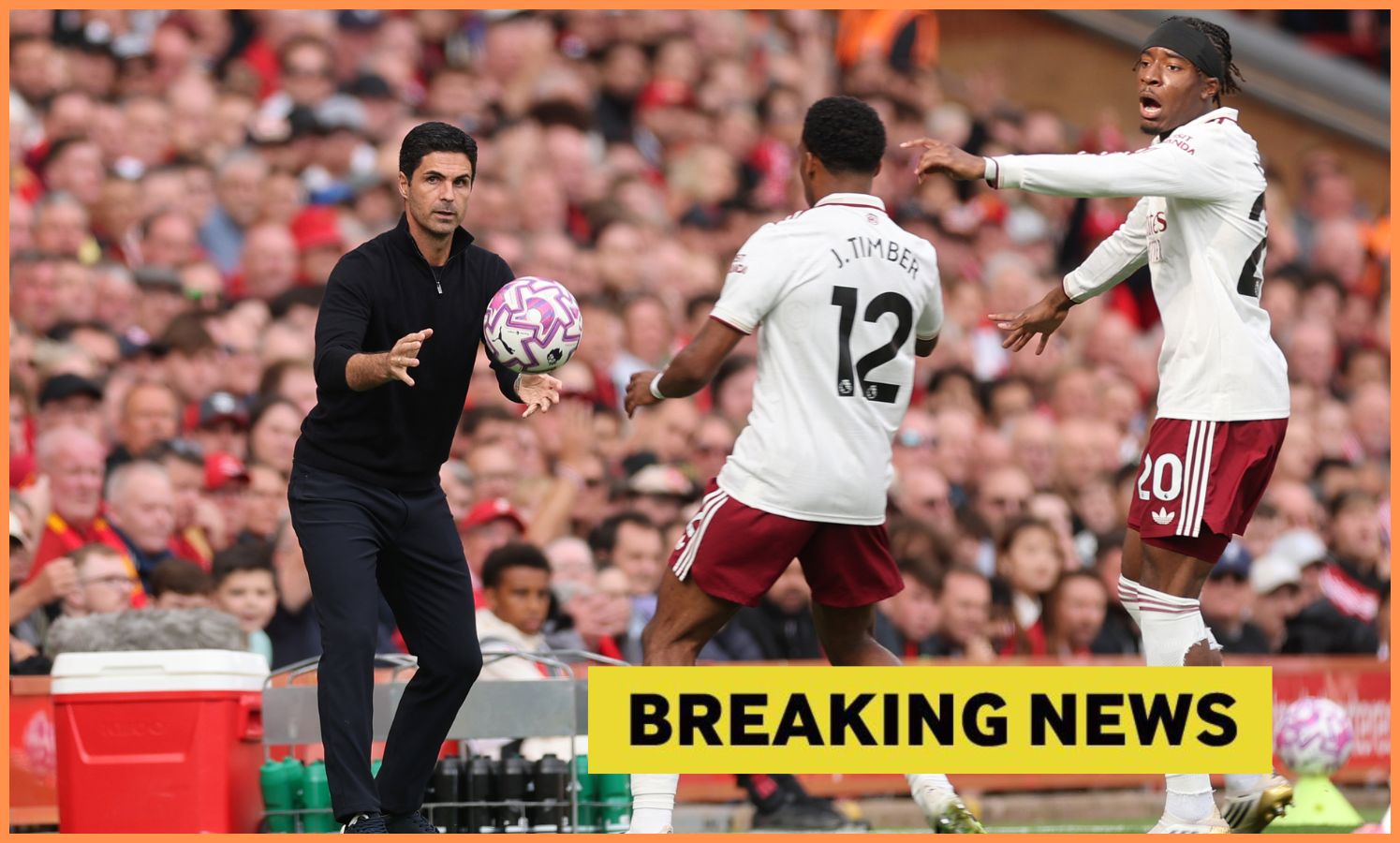 Mikel Arteta, Jurrien Timber, and Noni Madueke