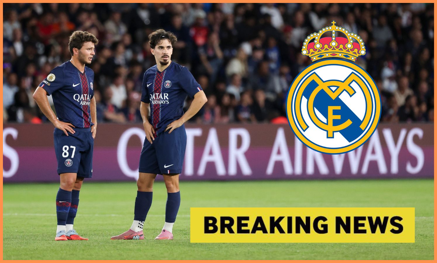 Joao Neves and Vitinha, plus 'breaking news' banner