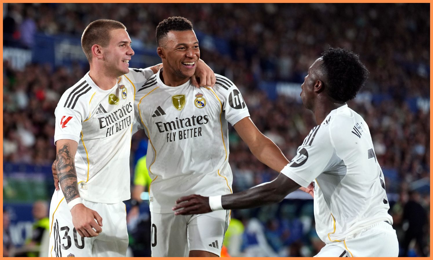 Kylian Mbappe and Vinicius Junior celebrate for Real Madrid